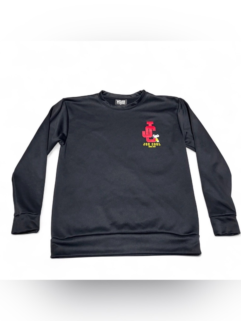Snoopy Men's Black Crewneck Sweater with Red & Yellow Chest Logo